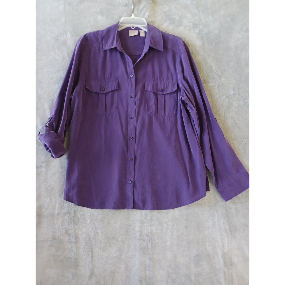 Chicos Shirt Sz 2 / Lg Purple Utility Button Down Roll Tab Pockets Modal Casual